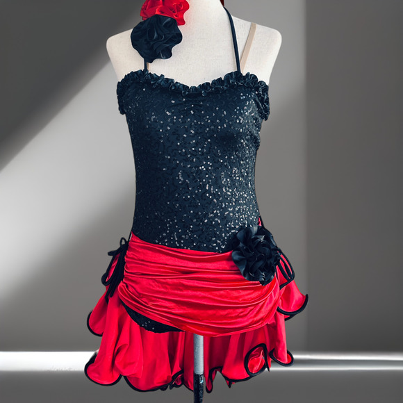 Women's Red & Black One-Piece Sequin Sexy Dance Halloween Costume Size Medium - Picture 4 of 9